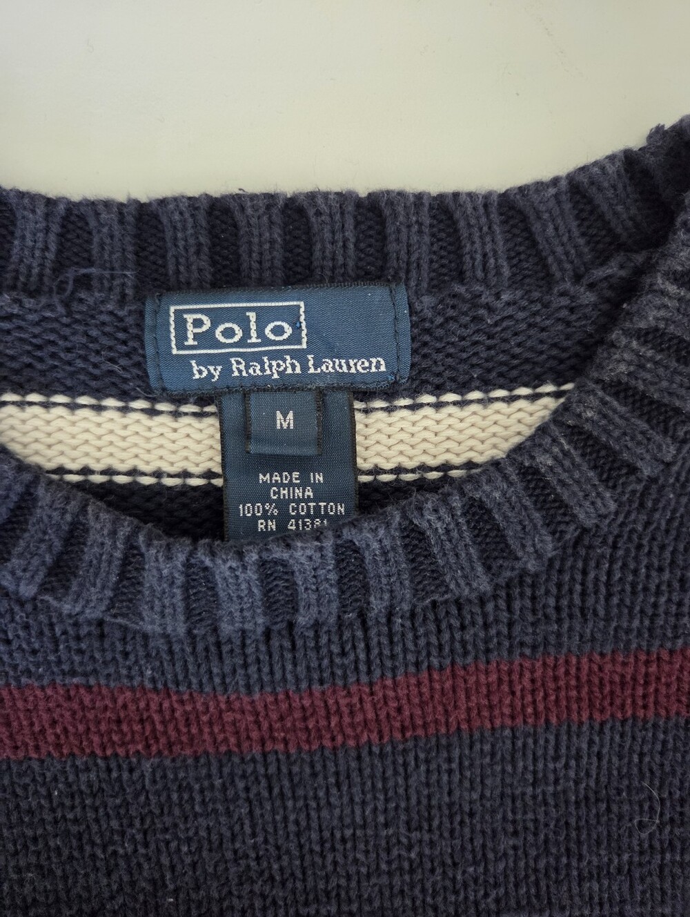 Vintage Polo Ralph Lauren 100% Cotton Sweater Preppy Navy Stripe Crewneck Medium - Picture 4 of 5